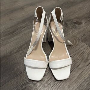 White Block Heel T-Strap Sandals - Women's